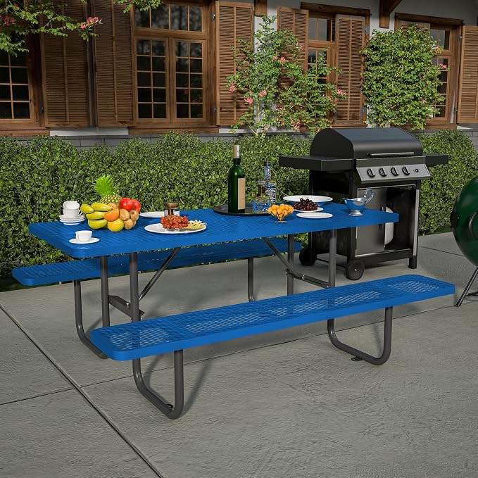 72'' Rectangular Metal Picnic Table with 1.73" Umbrella Hole, Heavy Duty Steel Mesh Table Set, Weather Resistant Sturdy Outdoor Furniture, for Patio, Garden, Courtyard & BBQ, Blue