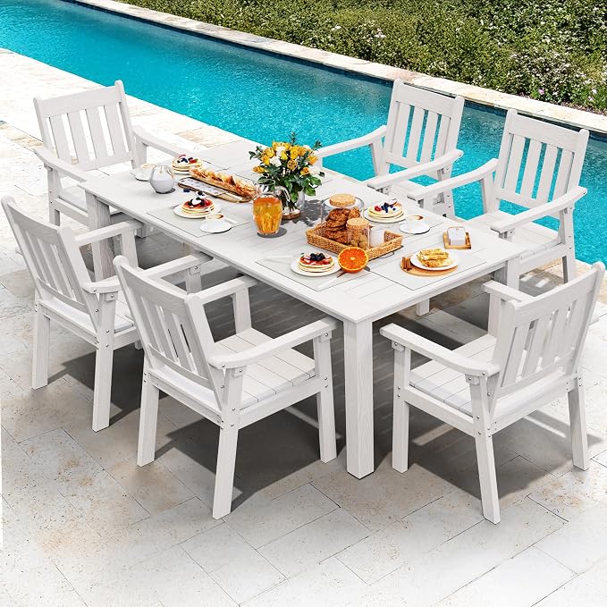 YEFU Outdoor Dining Table for 6: All Weather Rectangular Patio Table with Umbrella Hole and Aluminum Frame - Outdoor Furniture for Outside Backyard/Garden/Pool/Porch/Deck, 300lbs Capacity, White