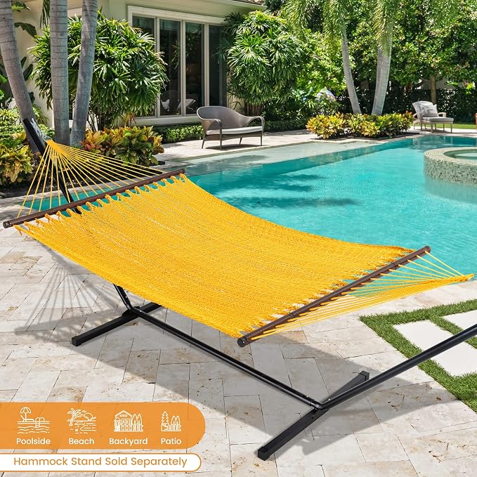 Lazy Daze Hammocks 13 FT Extra Large 2+ Person Caribbean Rope Hammock, Hand Woven Polyester XL Hammock with Spreader Bars, for Outside Outdoor Backyard Patio Poolside, 500 LBS Capacity, Yellow