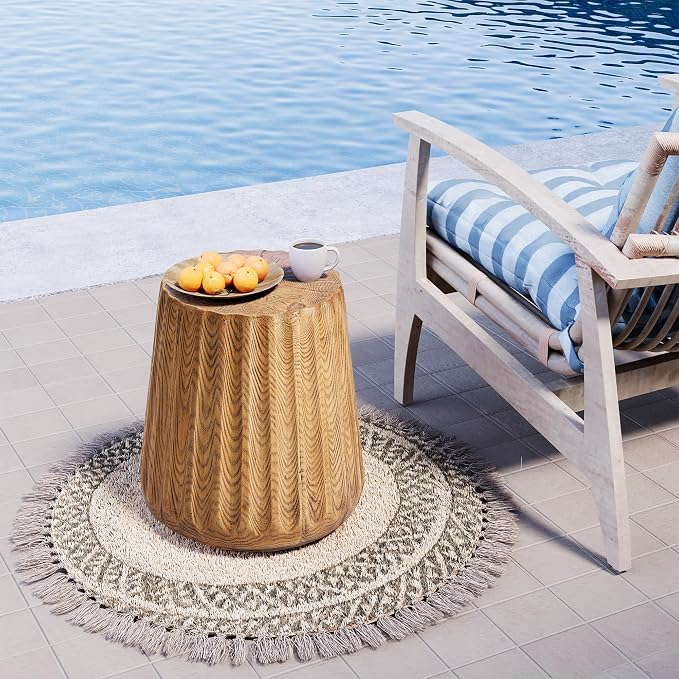 HOMPUS Outdoor Side Table Round, Concrete Lightweight MgO End Table Faux Wooden, Patio Accent Coffee Table Garden Tool for Patio, Porch and Deck, Light Oak