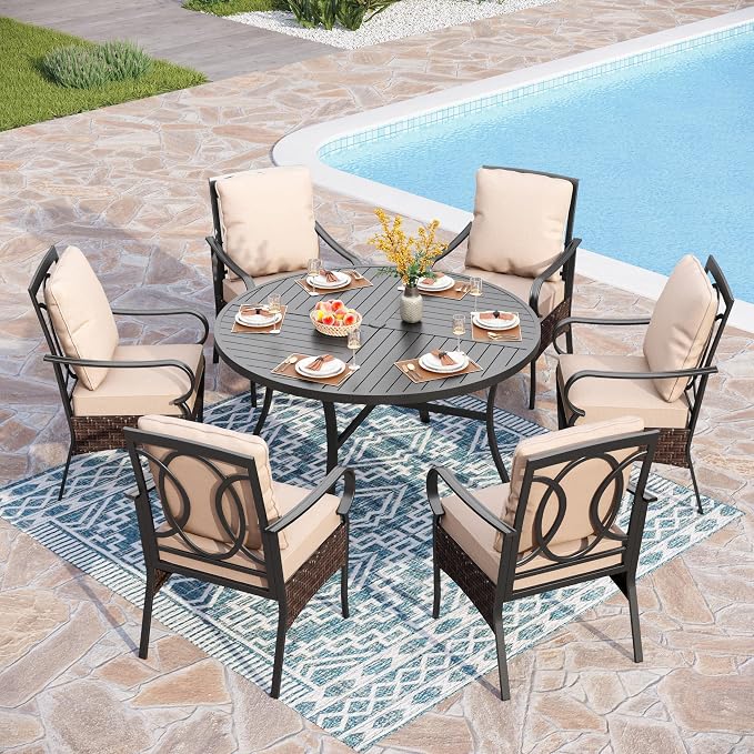 PHI VILLA 7 Pieces Patio Dining Set for 6, 52" Round Dining Table with Umbrella Hole & 6 Heavy Metal Wicker Chairs with Thick Cushions, Outdoor Table and Chairs for Deck and Garden
