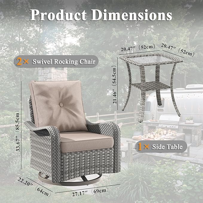 3 Piece Patio Furniture Set with Swivel Rocking Chairs, Outdoor Wicker Conversation Set with 4" Cushions, Glass Side Table, PE Rattan and Rust-Resistant Frame, Beige