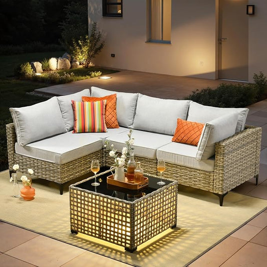 5 Pieces Patio Furniture Set with Solar Light Coffee Table, All-Weather Wicker Outdoor Sectional Conversation Sets L Shaped Sofas for Outside Porch Balcony Backyard Gray
