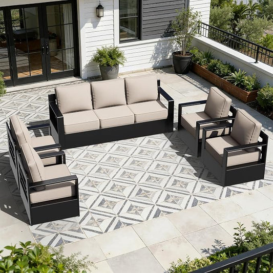 Outdoor Aluminum Furniture Set, 5-Piece Patio Conversation Set, 4 Chairs and 1 Sofa, All-Weather Metal Frame, 6" Thick Removable Cushions, Deep Setting for Garden, Poolside and Porch