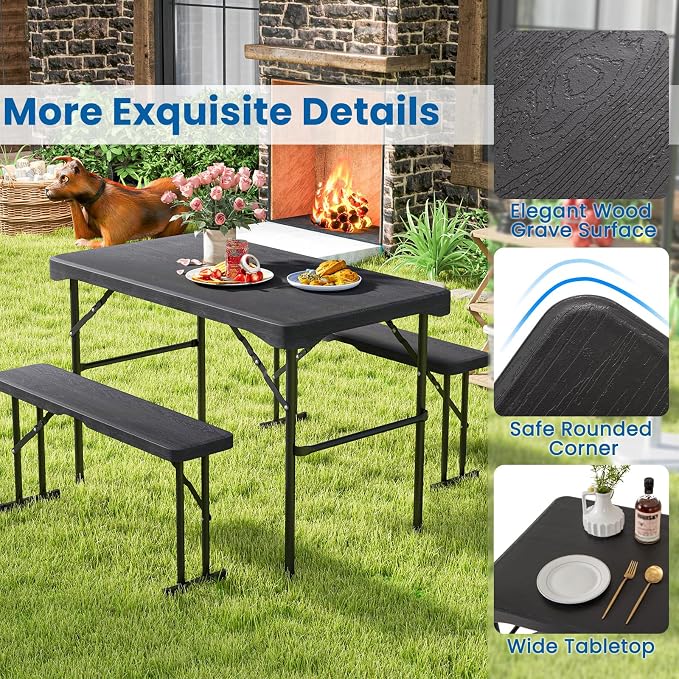Tangkula Picnic Table with 2 Benches, 3 Piece Folding Picnic Table Set with HDPE Tabletop, Sturdy Metal Frame, 4 Person Plastic Folding Table for Indoor Outdoor Use (Black)