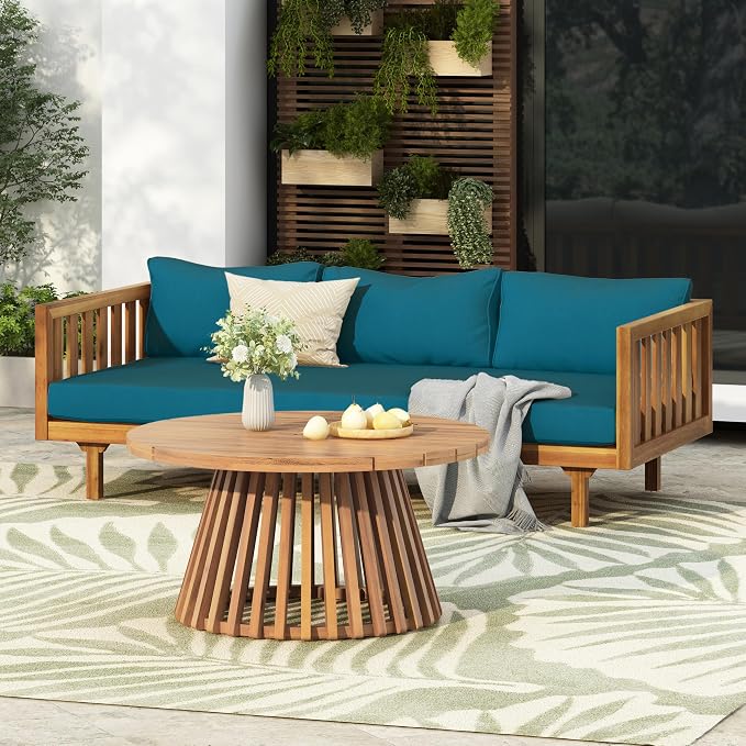 Christopher Knight Home Charm Patio Conversation Set, 3 Seater Acacia Wood Sofa, Spacious Seating Daybed, Wood Coffee Table, Round Side Table, Outdoor Furniture for Backyard Garden Rest, Dark Teal