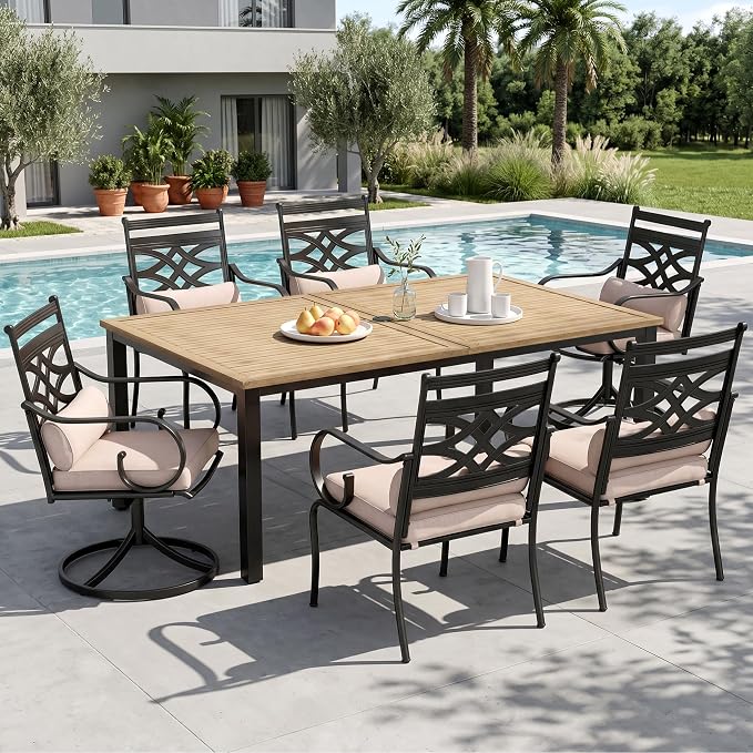 Sophia & William Patio Dining Set, Swivel Chairs | Seats 6, Cushions, 1.57-1.9 Adjustable Umbrella Hole, Metal Top Wood Texture-64"