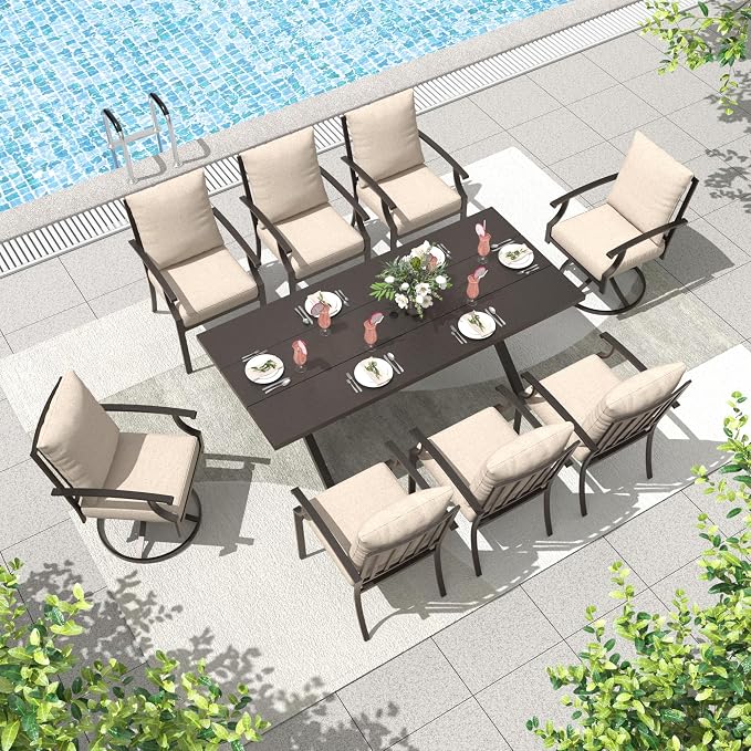 ALAULM 9-Piece Patio Dining Table and Chairs for 8 Outdoor Dining Set with 2 Swivel Chairs Patio Dining Sets with Rectangular Metal Table with Umbrella Hole for Patio, Backyard, Garden-Sand