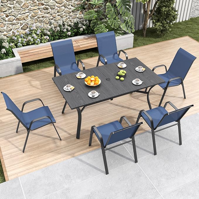 KEIKI 7-Piece Outdoor Patio Dining Set, Waterproof Patio Table and Chairs for 6, 63" x 38" Rectangular Metal Table with Umbrella Hole for Lawn Garden Backyard, Black+Navy Blue
