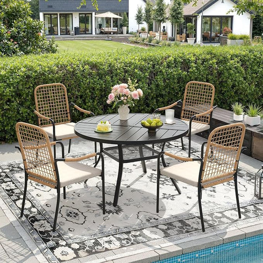 DIFY 5 Pieces Outdoor Dining Set, Metal Patio Table and Chairs Set for 4, 40.6" Round Dining Table with Umbrella Hole & Wicker Stackable Patio Chairs with Cushions, Black Tabletop