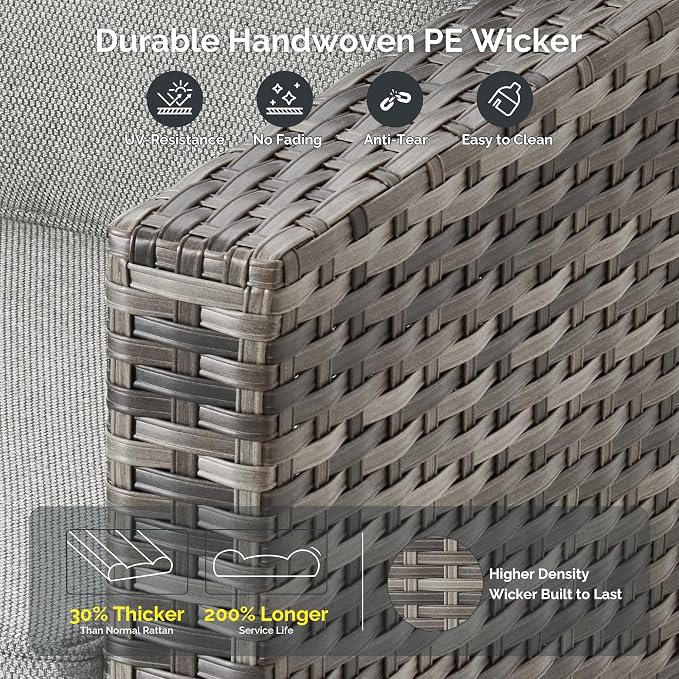 8 Piece Wicker Patio Furniture Set with Solar Table, Dark Gray | Outdoor Deep Seating Sofa Chair Ottoman, Solar Lights Table, All Weather Rattan, Modern Conversation Set, Porch Deck Backyard