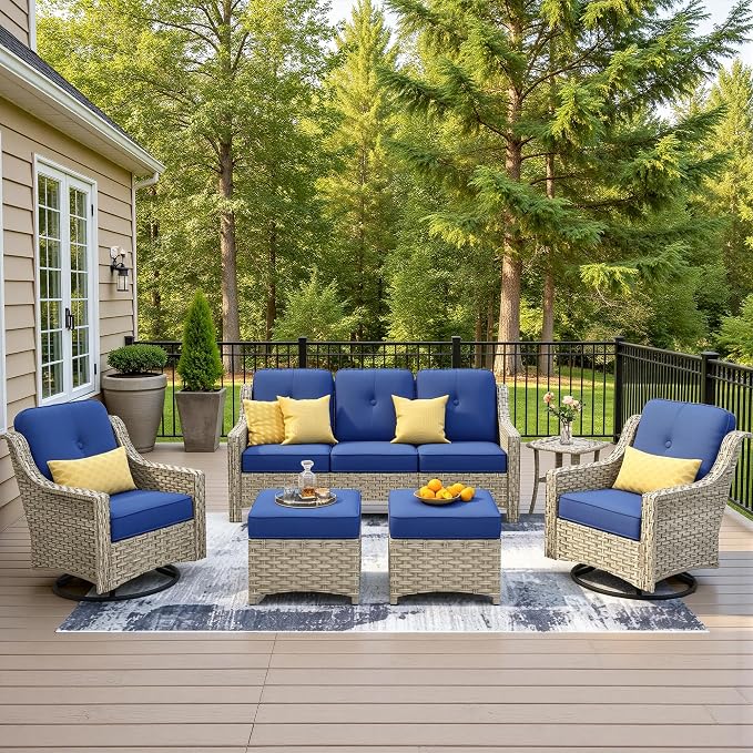 6 Piece Patio Furniture Set with Swivel Rocker Chairs, Outdoor Wicker High Back Sofa Glider Chair Ottoman with Cushion, All Weather Conversation Sets for Backyard Poolside Deck, Navy Blue