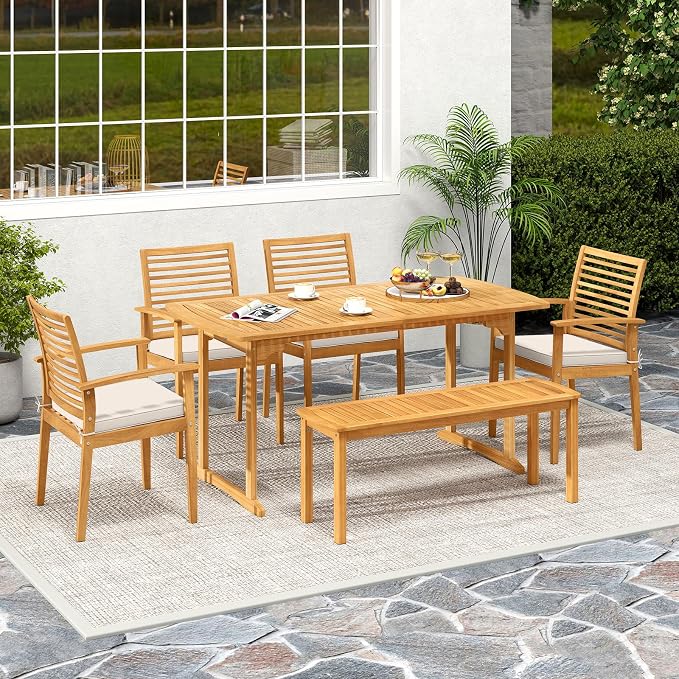 HAPPYGRILL Outdoor Wooden Dining Table for 4-6 People, Acacia Wood Table with Umbrella Hole, for Backyard Patio Deck Porch