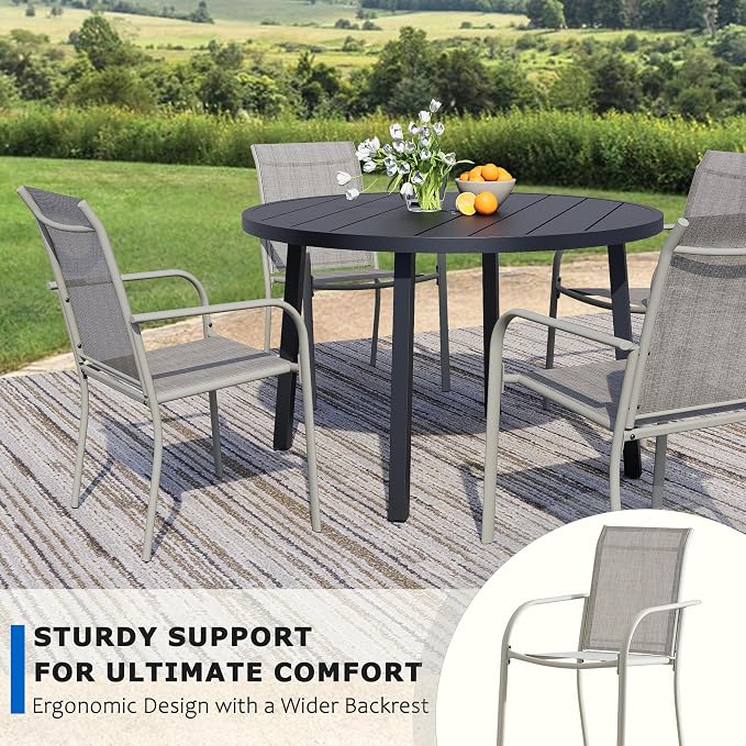 9-Piece Patio Furniture Set, Black Round Patio Table and Grey Chairs Set of 8, Outdoor Dining Set with Umbrella Hole for Garden, Yard, Patio