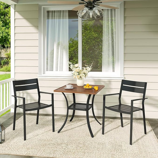 VICLLAX Patio 3 Pieces Outdoor Bistro Table Set, Wrought Iron Metal Furniture with 28" Square Table and 2 Stackable Chairs, Patio Dining Set for Patio, Lawn, Garden, Porch, Walnut/Black