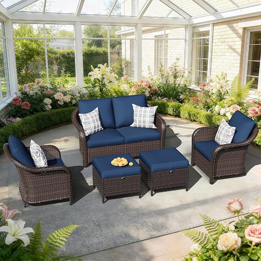 5 PCS Outdoor Conversation Set | 55" Couch, 2 Chairs, 2 Ottomans, Patio Wicker Conversation Furniture with Removable Cushions for Bistro, Deck, Sunroom (Navy Blue)