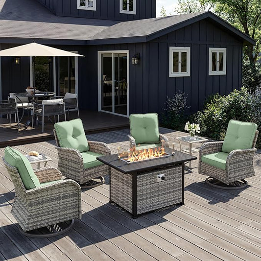 7Pcs Patio Rocking Swivel Chair with 55,000 BTU Fire Pit Table Outdoor Wicker Rattan Bistro Set with Tempered Glass Side Table, Outdoor Patio Furniture Set for Garden and Balcony, Light Green