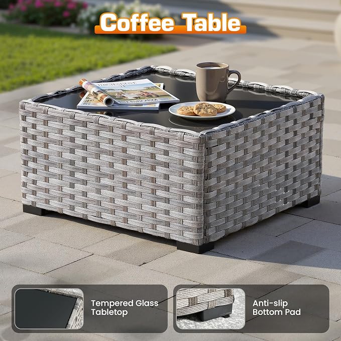 9-Piece Patio Furniture Set, Outdoor Wicker Furniture Sectional Set with Coffee Table, High Back Swivel Rocker Patio Chairs, Modern Rattan Outdoor Conversation Set for Porch, Balcony, Denim Blue