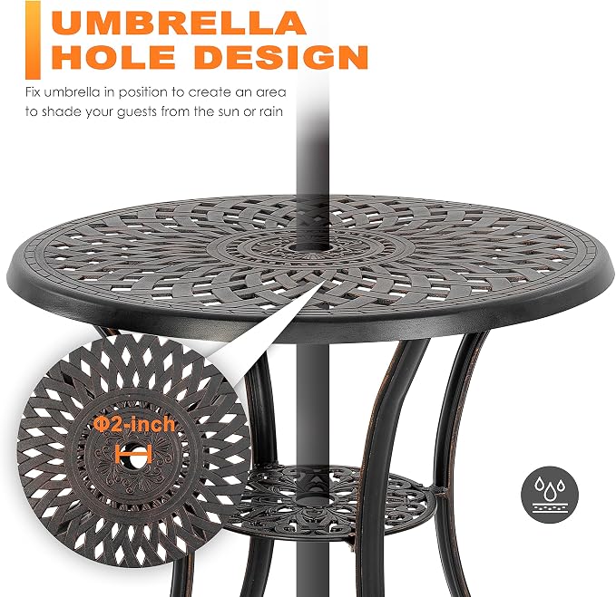 NUU GARDEN 31" Round Patio Bistro Table, Cast Aluminum Round Outdoor Bistro Table with Umbrella Hole for Poolside, Deck, Porch, Backyard, Balcony, Black with Gold-Painted Edge