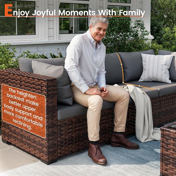 Patio Furniture Set, 7-Piece Outdoor Sectional Rattan Sofa Set with Coffee Table (Grey Cushions with Brown Rattan)