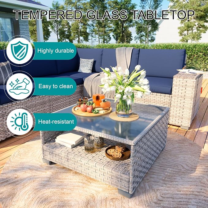 13-Piece Patio Furniture Set, Outdoor Patio Conversation Set with 60,000 BTU Fire Pit Table, PE Rattan Wicker Sectional Sofa with Large Capacity Seats, Widened Armrests, Extra High Backrest, Navy Blue