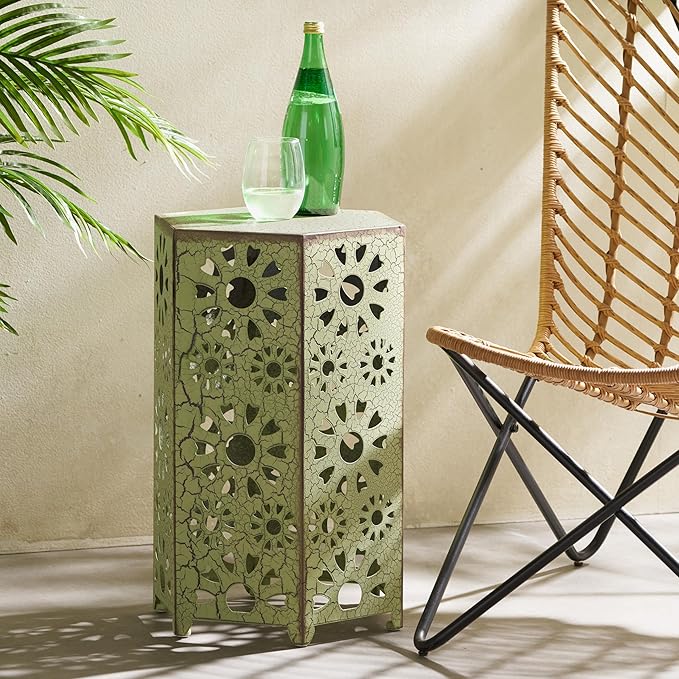 Metal Outdoor Side Table, Sunburst Cut-Out Design, Vibrant Color Addition, No Assembly & Lightweight, Patio Side Tables for Outside, Garden, Entertaining,Green