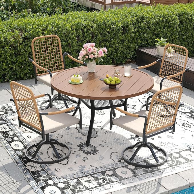 DIFY 5 Pieces Outdoor Dining Set for 4, 47.2" Round Dining Table with Umbrella Hole & Wicker Swivel Patio Chairs with Cushions, Metal Patio Table and Chairs Set for Backyard Porch Garden, Walnut