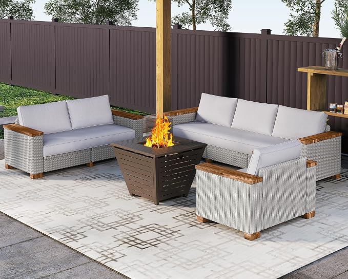 LUXOAK Patio Furniture Set, 6 Piece Wicker Patio Conversation Set with Wide Solid Wood Armrest, All Weather Outdoor Sectional Furniture with Wood Legs for Backyards, Porch, Poolside, Garden, Balcony