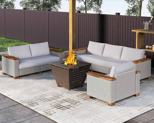 LUXOAK Patio Furniture Set, 6 Piece Wicker Patio Conversation Set with Wide Solid Wood Armrest, All Weather Outdoor Sectional Furniture with Wood Legs for Backyards, Porch, Poolside, Garden, Balcony