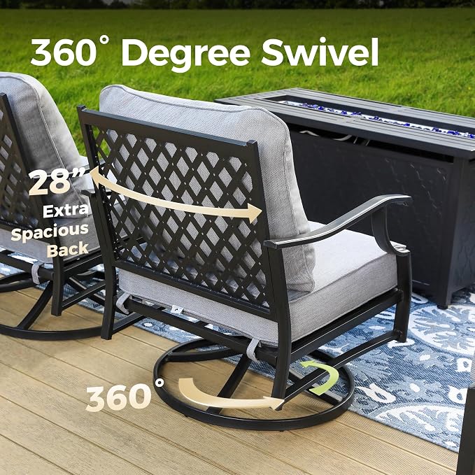 MIXPATIO Patio Furniture Set with Firepit Table, 4 Pcs Metal Outdoor Conversation Set, 2 Swivel Chairs and 3 Seater Sofa with 5.75" Extra Thick Cushion and Gas Fire Pit Table for Backyard Deck, Grey