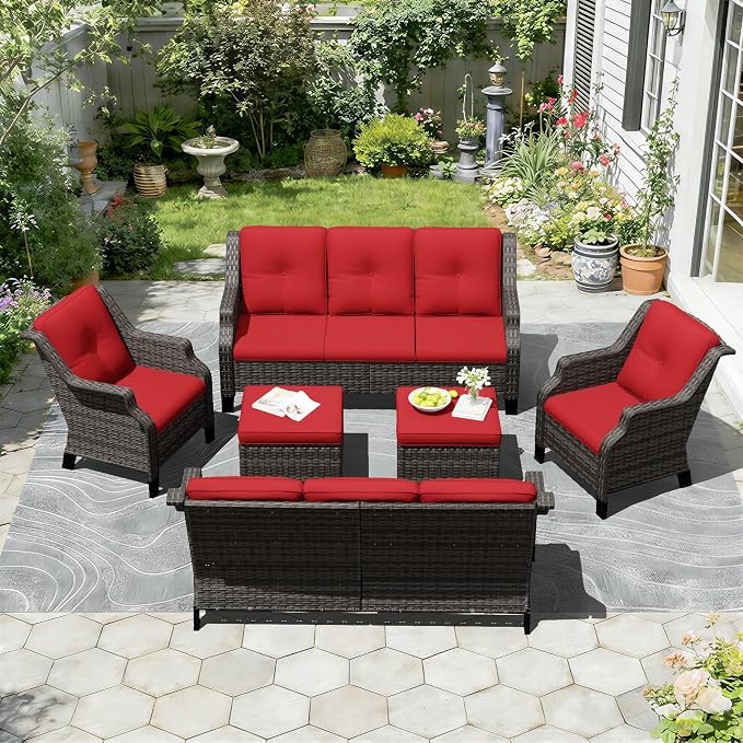 Outdoor Patio Furniture Set, 6 Piece Wicker Patio Furniture with Thick Cushions, Curved Armrest, Deep Seating, Rattan Outdoor Chairs for Porch, Deck, Balcony