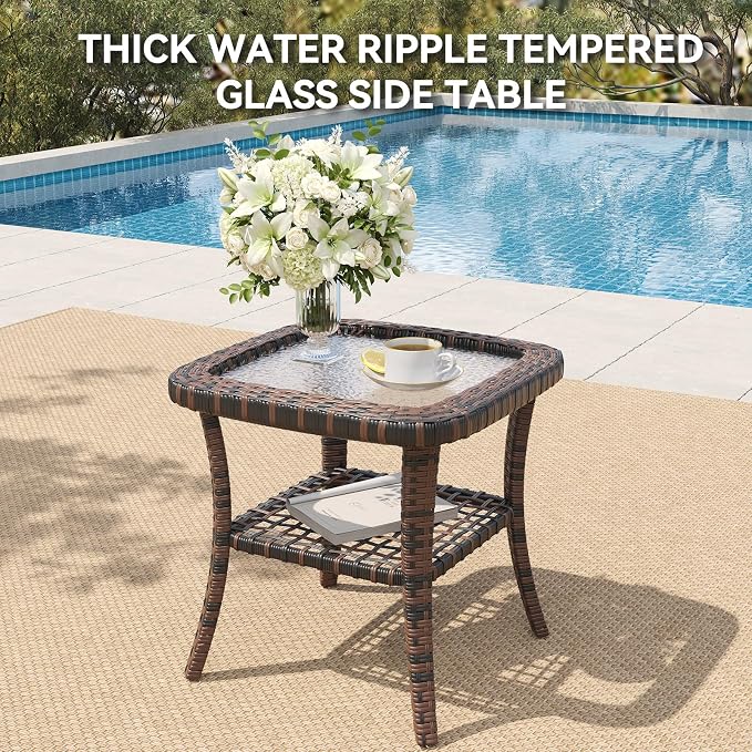 LazySunsets 9 Piece Outdoor Patio Furniture Set with 44'' Fire Pit Table, Wicker Rattan Outdoor Furniture with High Back Swivel Rocker Chairs, Outdoor Sofa Set with Thick Cushions & Ottoman, Navy Blue