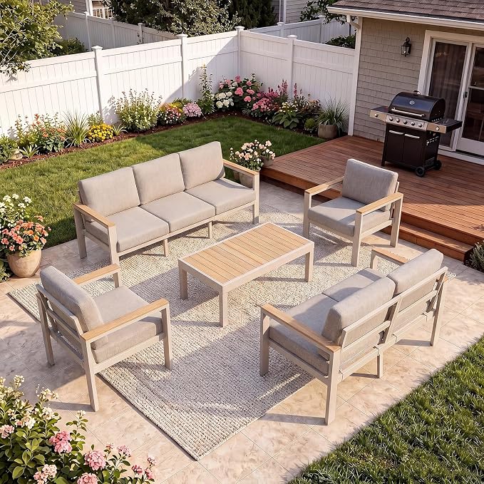 7-Seater Beige Aluminum Patio Conversation Set, Outdoor Sectional Sofa Set with Coffee Table, 1.5mm Thick Powder-Coated Frame, Weather Resistant Outdoor Furniture with Washable Waterproof Cushions