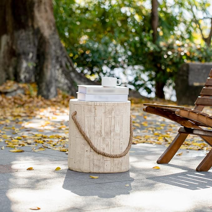 IRONORA Whitewashed Wooden Cylindrical Outdoor Side Table with Rope Handle, Rustic Round Accent Table, Weathered End Table for Patio Backyard Garden