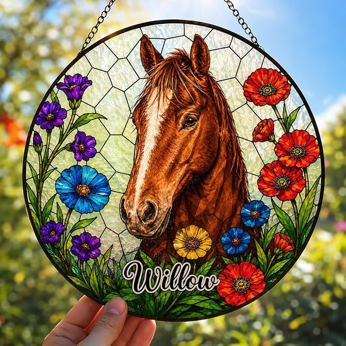 Personalized Vintage Horse Stained Glass Suncatcher - Custom Photo Name Round Window Hanging Panel Portrait Plaque Equestrian Farm Decor Christmas Birthday Gift for Horse Lovers