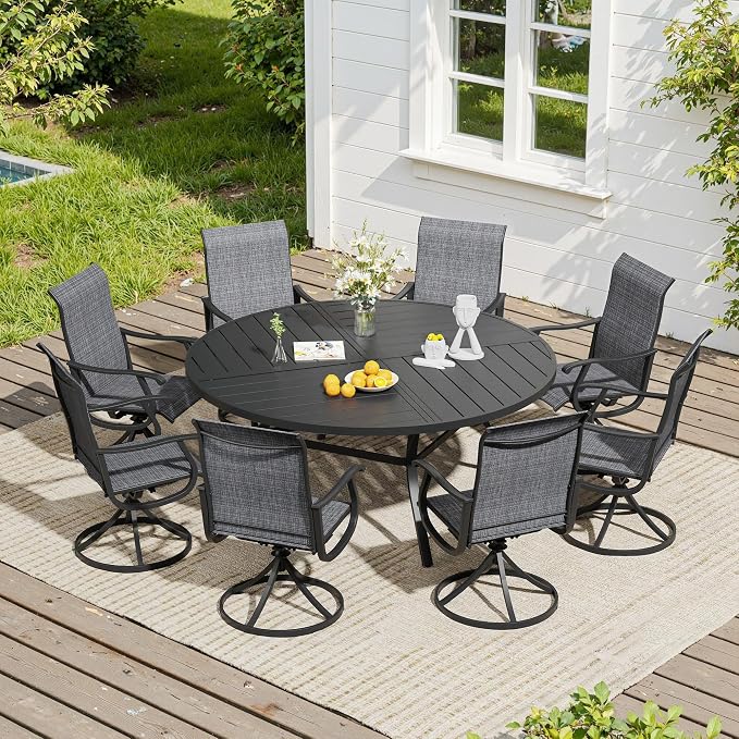 VICLLAX 9 Pieces Patio Dining Set, Patio Furniture Set of 8 Patio Swivel Dining Chairs and 60" Patio Spliced Round Tabletop, Dark Charcoal Chairs & Black Tabletop