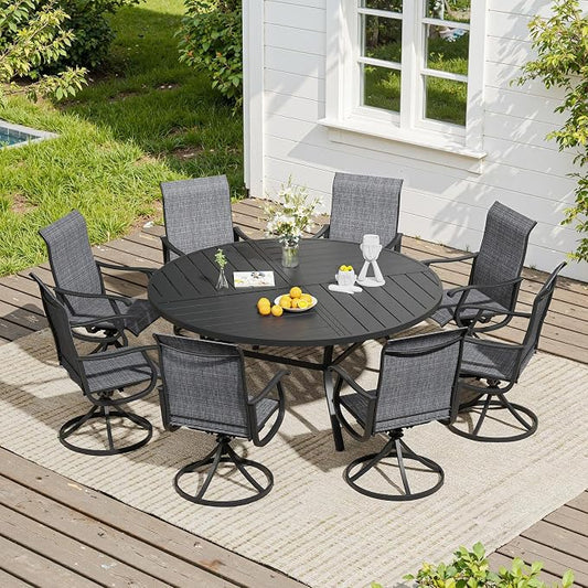 VICLLAX 9 Pieces Patio Dining Set, Patio Furniture Set of 8 Patio Swivel Dining Chairs and 60" Patio Spliced Round Tabletop, Dark Charcoal Chairs & Black Tabletop