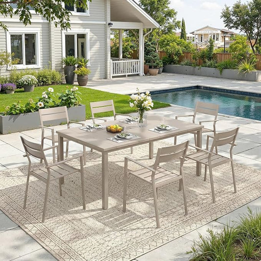DIFY 7 Pieces Outdoor Patio Dining Set, 6 Cream Stackable Metal Dining Chairs and 63" Sandshell Rectangle Dining Table, Outdoor Table and Chairs for Lawn Garden Backyard Deck