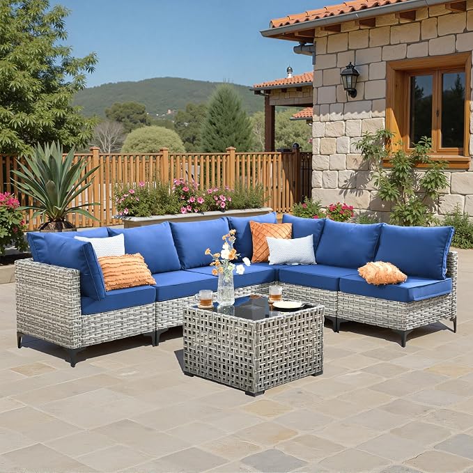 7 Pieces Wicker Patio Furniture Set,Outdoor Sectional Sofa with Coffee Table Comfy Cushions,Modern Modular Deep Seat Rattan Couch Conversation Set,Navy Blue