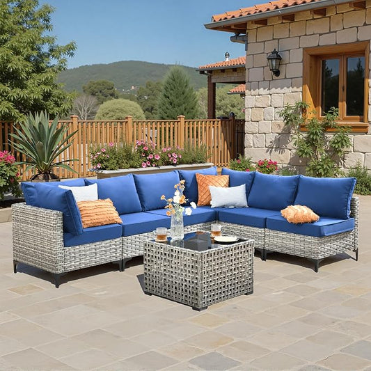7 Pieces Wicker Patio Furniture Set,Outdoor Sectional Sofa with Coffee Table Comfy Cushions,Modern Modular Deep Seat Rattan Couch Conversation Set,Navy Blue