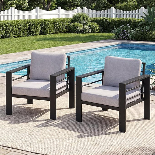 2 Pieces Outdoor Aluminum Armchair, Modern Patio Patio Furniture with 3.54” Wide Seat and Thick Cushions, All-Weather Outdoor Single Sofa for Deck, Porch