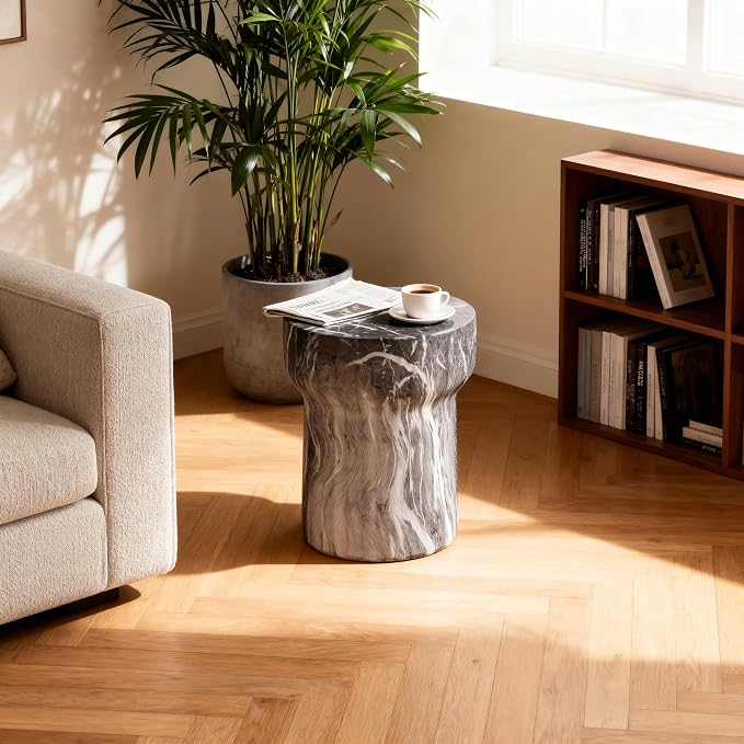 Stone Side Table,Round Faux Marble Side Table,Modern Small Stone End Table for Balcony (Dark Gray-16-4)