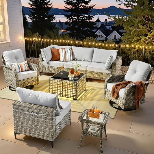 8 Pieces Wicker Patio Furniture Set,Outdoor Sectional Sofa with Swivel Chairs Coffee Table,Outside Deep Seat Rattan Couch Conversation Set,Light Grey