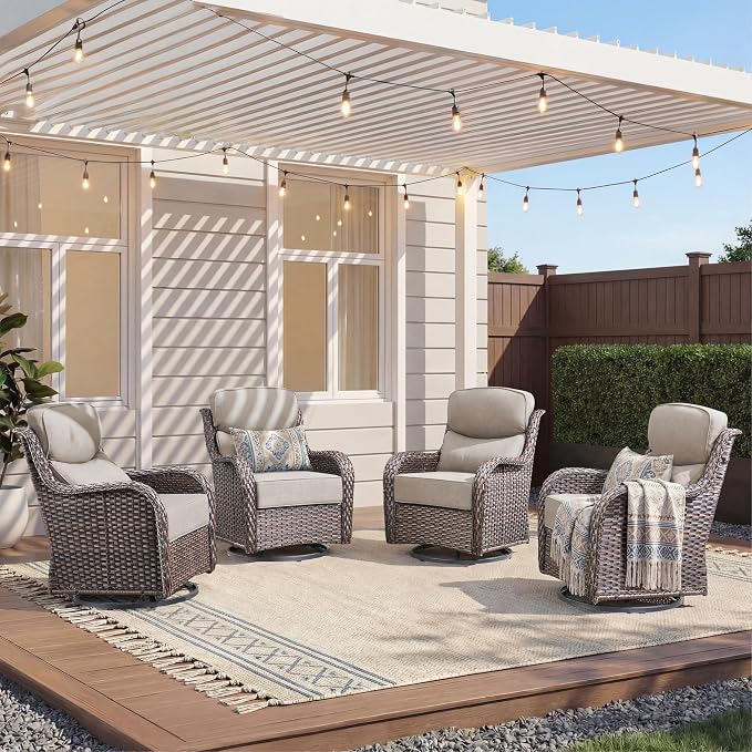 Luxury Outdoor Swivel Rocker Patio Chairs-4 Pieces High Back Swivel Rocker Patio Chairs with Thick Cushions All Weather Wicker Outdoor Furniture Set for Deck Porch Balcony(Brown/Beige)