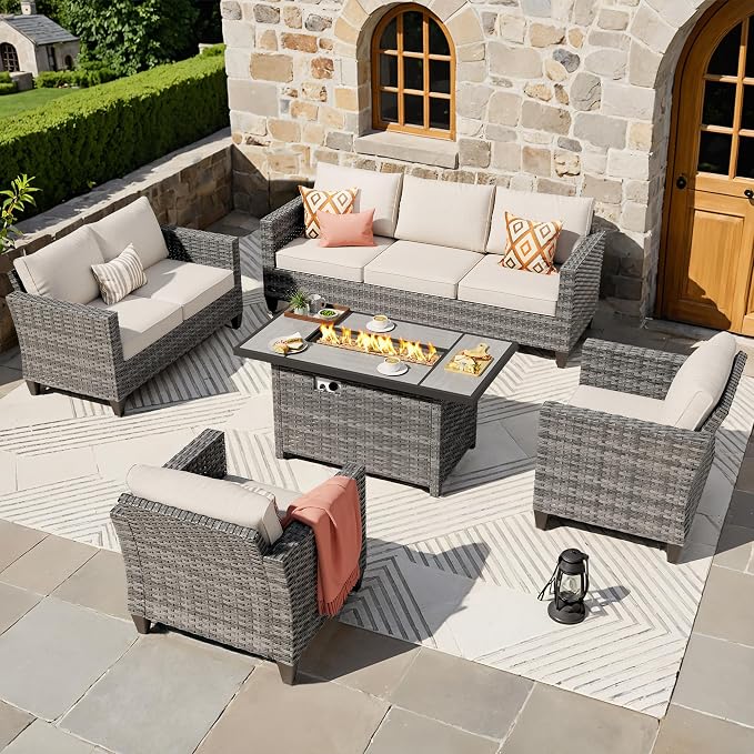 ovios 5 Pieces Patio Furniture Set, Outdoor Wicker Rattan Sofa Couch with 42" Fire Pit Table, Loveseat Chairs, Conversation Sets for Yard Porch Garden, Beige