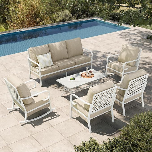 HERA'S HOUSE 6 Piece Metal Patio Furniture Set, All Weather Outdoor Conversation Set with 3-Seat Sofa, 2 Rocking Chairs, 2 Fixed Chairs & Coffee Table, 7 Seats for Backyard, Garden, Deck, White/Beige