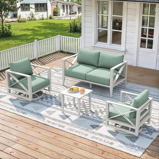 Outdoor 6-Piece Oversized Aluminum Patio Furniture Set with Swivel Rocking Chairs & Coffee Table, Weather-Resistant Deck Yard Poolside Seating-White