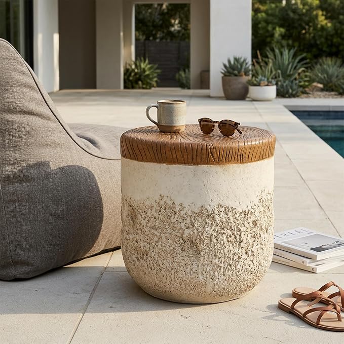 Merax Outdoor Patio MGO Side Table, 16" Height Round Side Accent Table with Dual-Texture Design, Beige Tone Base & Faux-Wood Grain Top, Patio End Table for Balcony Poolside, Fully Assembled