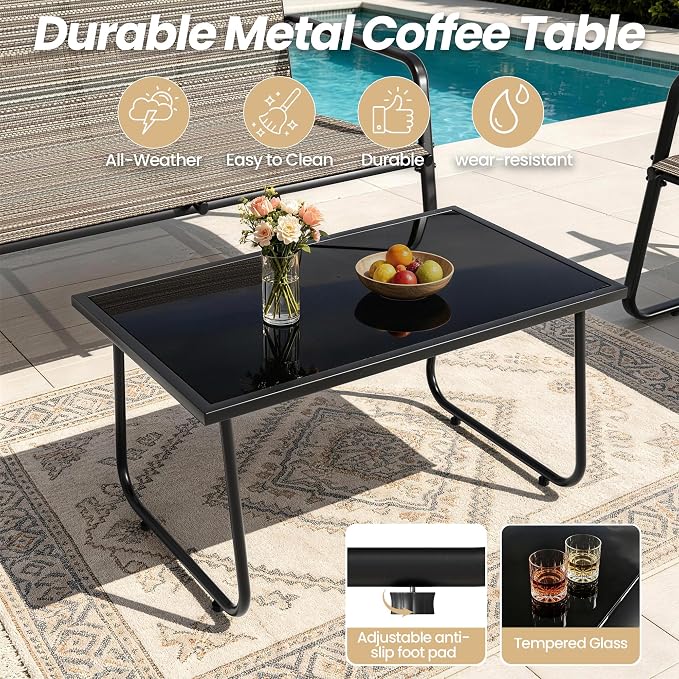 Gotland 4-Piece Outdoor Patio Furniture Set, Textilene Fabric Metal Patio Conversation Set with Loveseat 2 Chairs Tempered Glass Coffee Table, Patio Set for Backyard, Lawn, Porch, Pool, Garden, Brown