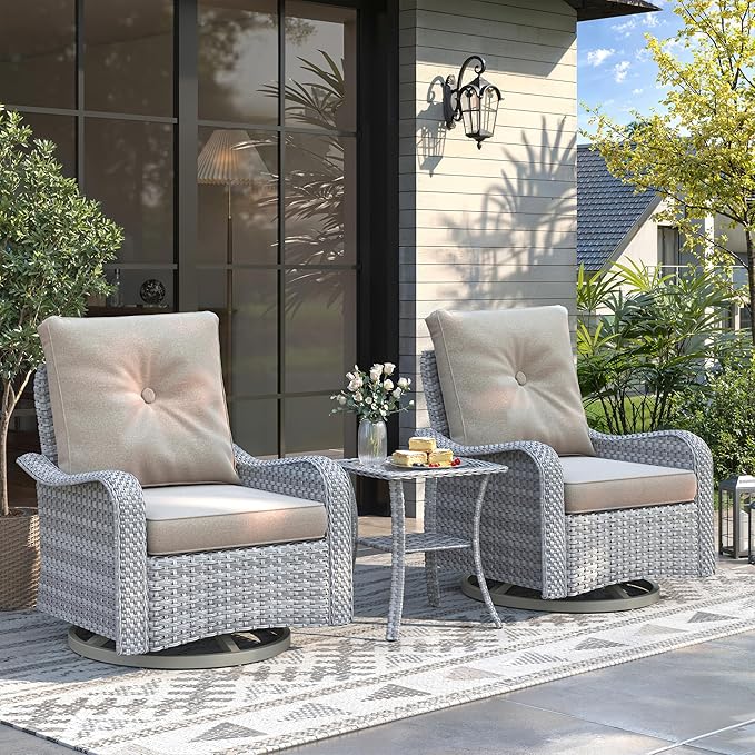 3 Piece Patio Furniture Set with Swivel Rocking Chairs, Outdoor Wicker Conversation Set with 4" Cushions, Glass Side Table, PE Rattan and Rust-Resistant Frame, Beige
